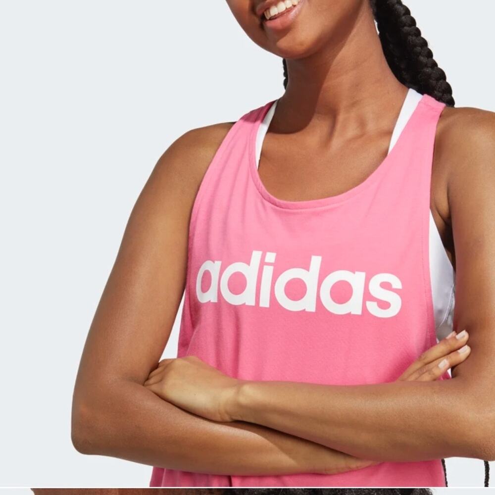 NWT Adidas Tank Top Essentials Logo Loose Fit Pink/White Logo Racerback Women L